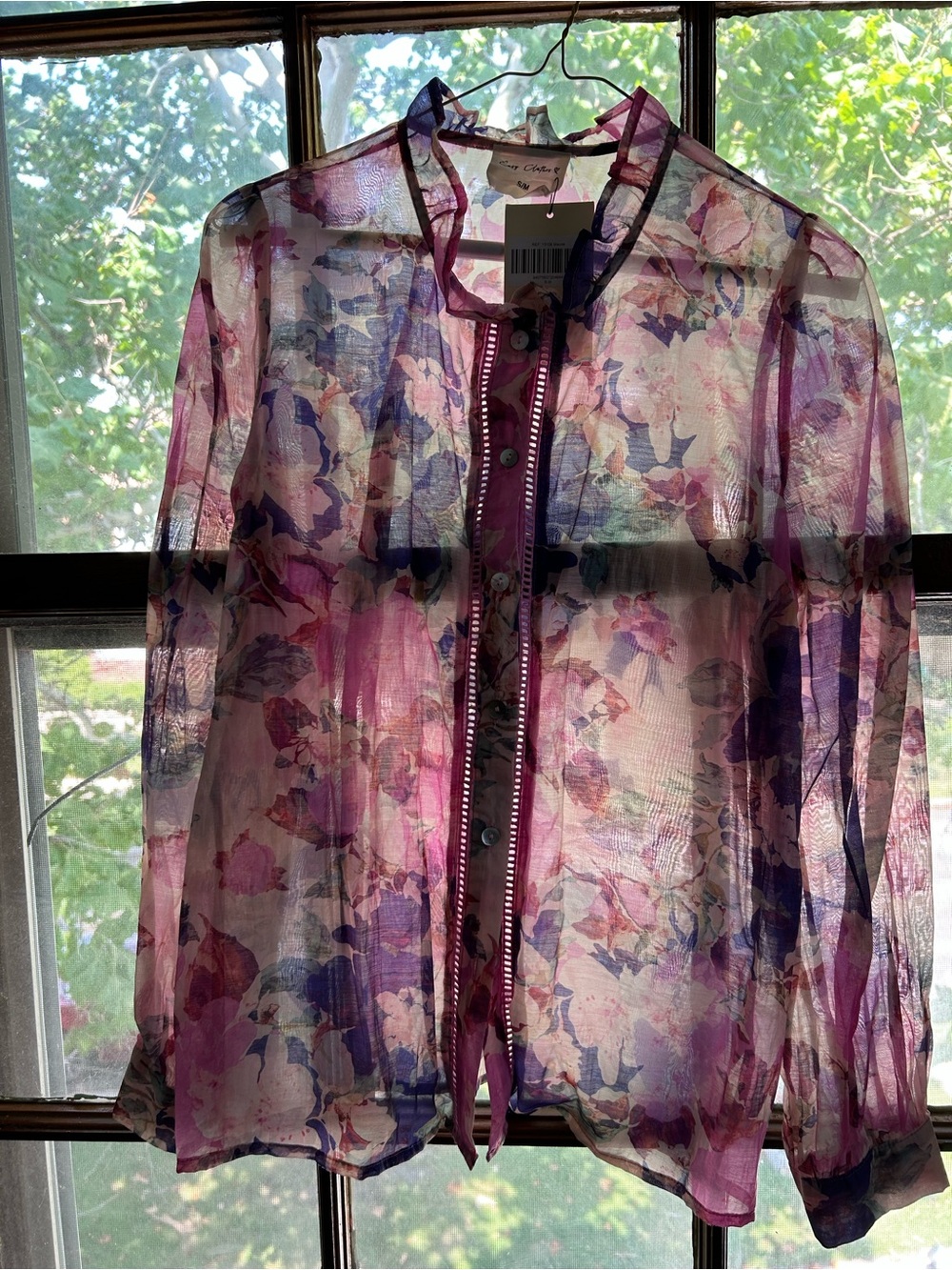 Sheer Floral Button-Front Blouse - Pink & Purple